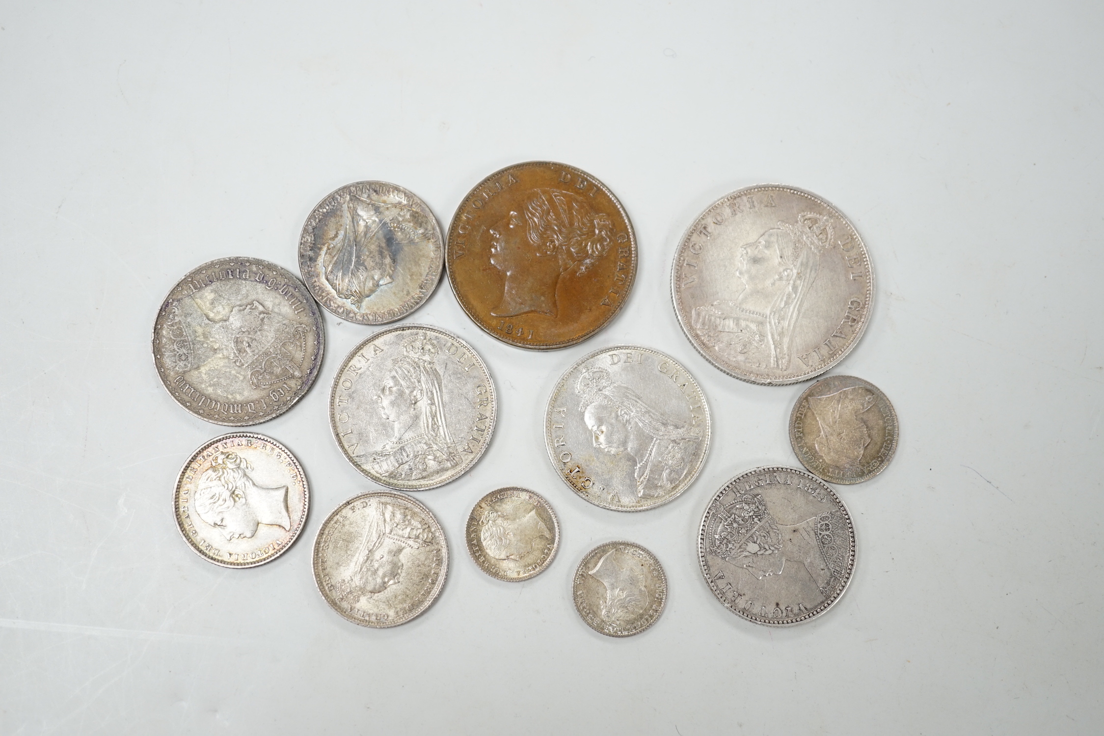 A Victoria double florin 1888 EF florin x 2, 6d 1901 UNC and 7 other Victoria coins and 1841 YH copper penny